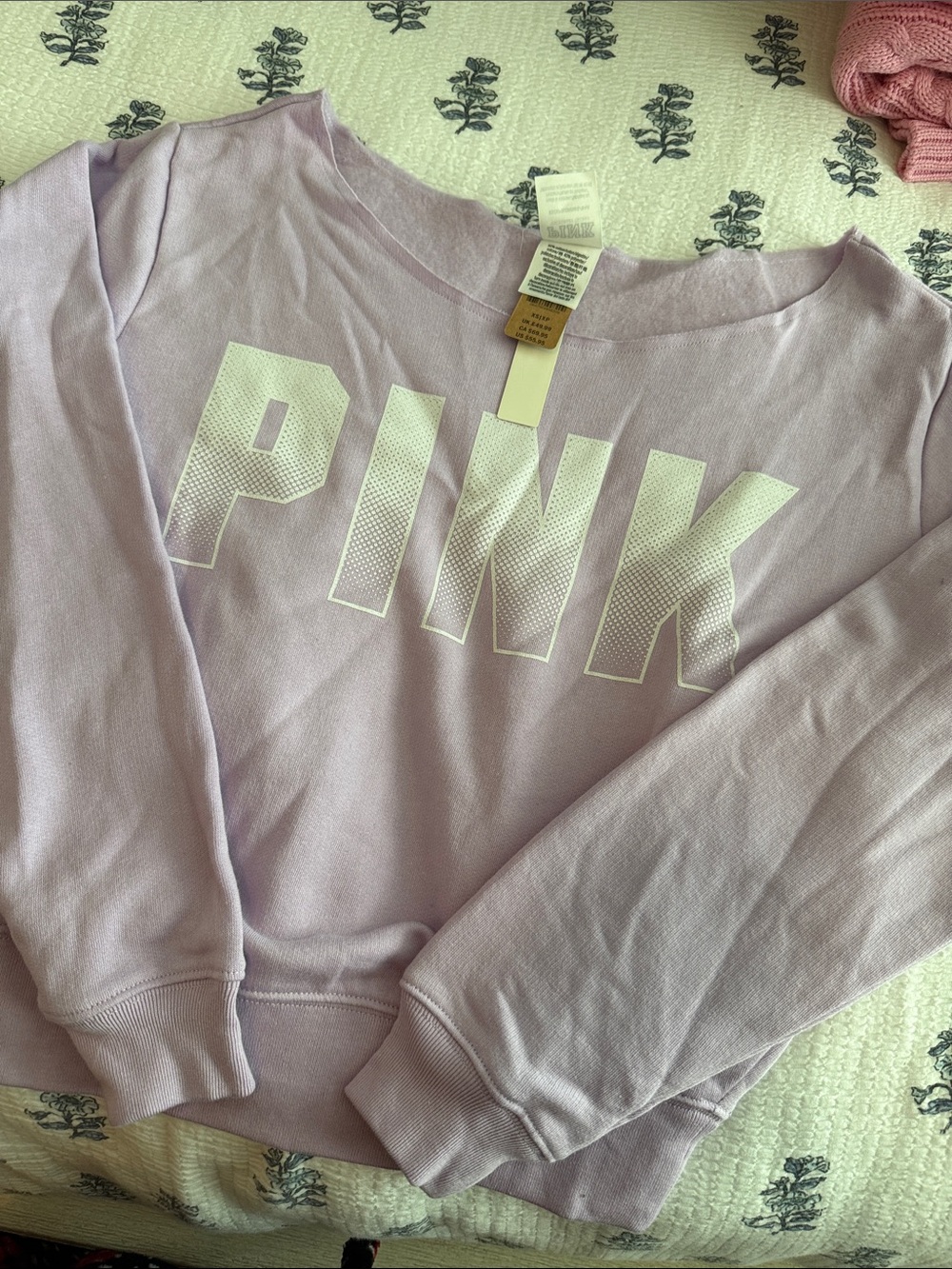 PINK Victoria's Secret Lavender Off-the-Shoulder Sweatshirt with White Logo